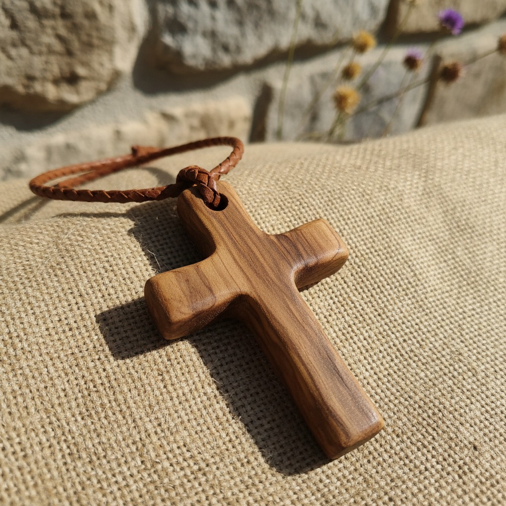 A wooden cross pendant on a brown leather cord rests on coarse tan fabric, with a stone wall and dried flowers in the background.