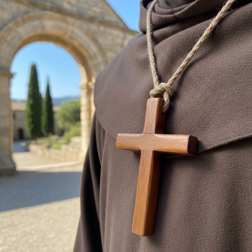 A person wearing a brown monastic habit with a wooden cross pendant on a cord stands in front of a stone archway.